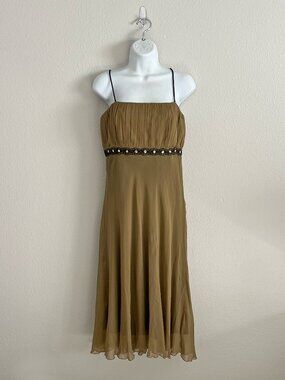 Y2K Vintage Silk Khaki Green Boho Midi Formal Dress Jonathan Martin Studio Sz M